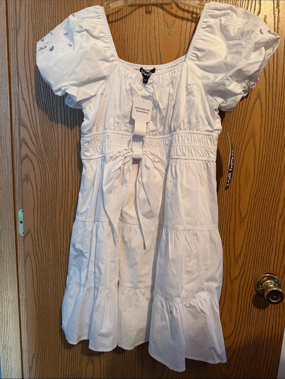 Girls' White Puff-Sleeve Tiered Dress with Front Tie
